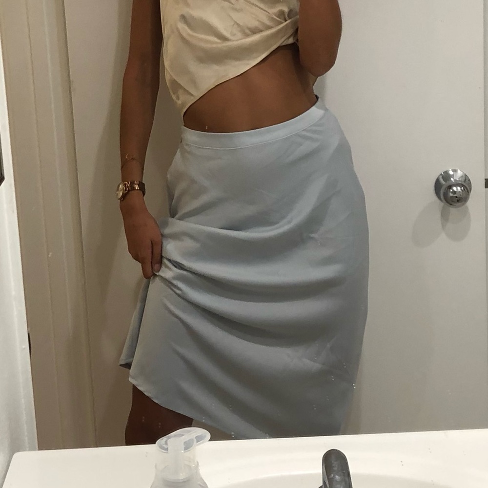 BABY BLUE SILK MIDI SKIRT BY URBAN OUTFITTERS
